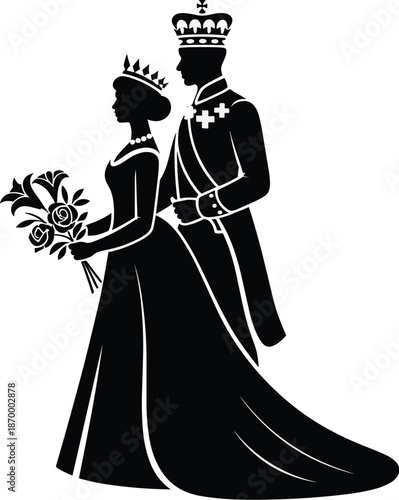 Elegant royal family silhouette illustration of king and queen wearing crowns standing together regal monarch couple in formal attire holding flowers for historical presentations or luxury brand adver