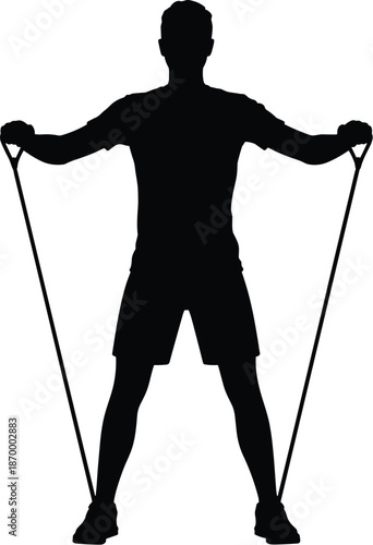 Silhouette man exercising with resistance band for fitness strength training athletic workout routine physical therapy rehabilitation sportsperson stretching arm muscles in gym for healthy lifestyle w