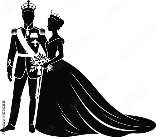 Elegant royal couple silhouette illustration featuring king and queen in formal attire with crowns holding flowers for wedding invitation designs luxury branding elegant stationery and historical pres