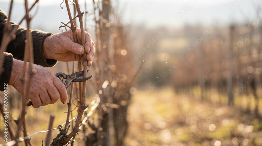 Fototapeta premium Hands prune grapevine in vineyard. Close up vineyard pruning with shears for Trifon Zarezan wine festival, garden preparation season, sustainable agriculture, vineyard work concept, copy space