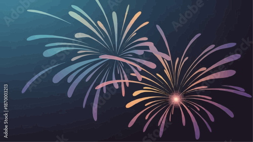 Vibrant colorful fireworks exploding in dark night sky with gradient hues