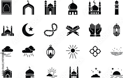 Islamic and Ramadan themed glyph icons set for religious observance.