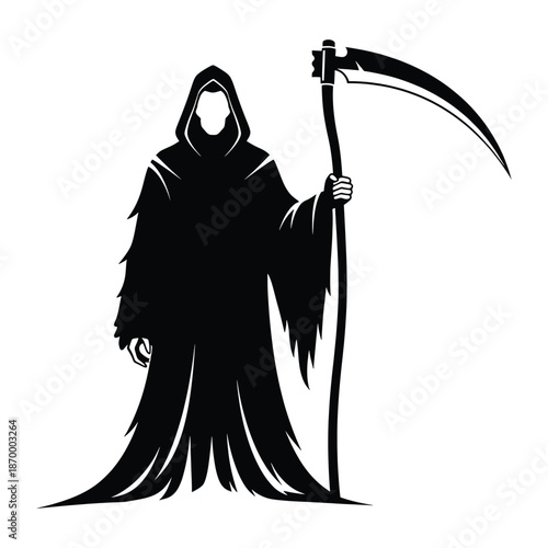 Grim reaper standing with scythe in hand, dark and mysterious figure