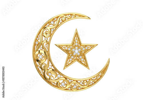 ornate gold crescent moon and star pendant jewelry, ramadan eid mubarak