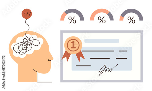 Mental health, cognitive processes, performance assessment, goal achievement, stress management, personal development. Human head with tangled thoughts and a certified diploma. Mental health