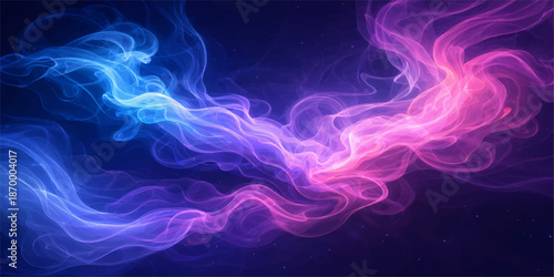 Abstract blue and purple smoke waves flow in a smooth motion against a dark black backdrop, creating an artistic design of swirling energy and flowing flame shapes with a colorful pattern