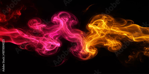 Abstract fire and smoke flames create a burning energy wave with smooth flowing orange motion and blue light swirls on a dark black background pattern for a hot art design wallpaper