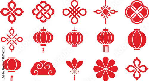 Traditional Chinese Paper Cuttings with Flowers Lanterns and Clouds