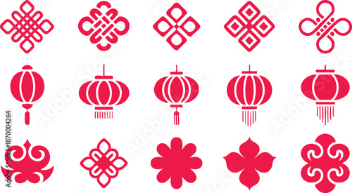 Traditional Chinese Paper Cuttings with Flowers Lanterns and Clouds