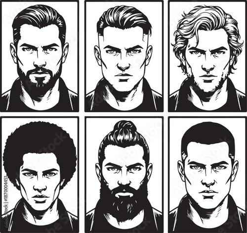 Stylized black and white portraits of diverse men with different hairstyles and facial hair