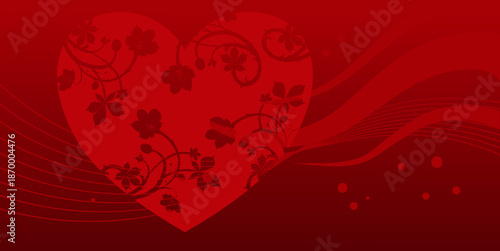Red background banner with floral heart and wave ornaments