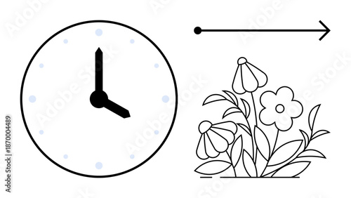 Productivity, time tracking, growth, progress, planning, nature connection. Black clock, flowers and a directional arrow. Productivity and growth through symbols of time and nature