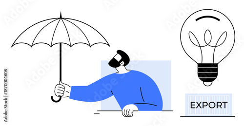 Business strategy, innovation, export management, financial security, risk protection, creativity. Man holding umbrella next to lightbulb and export label. Business strategy and innovation concept