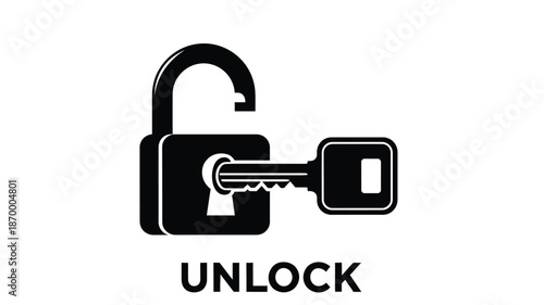 Black and white illustration of an unlocked padlock with a key symbolizing security