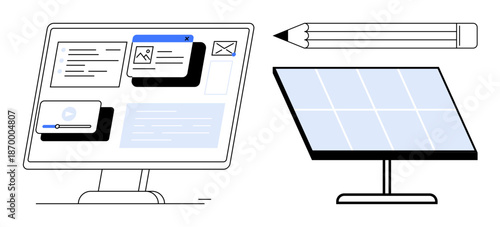 Sustainable energy, technology integration, workflow creativity, green innovation, eco-friendly design, clean energy solutions. Computer screen with panels, solar panel pencil. Sustainable energy