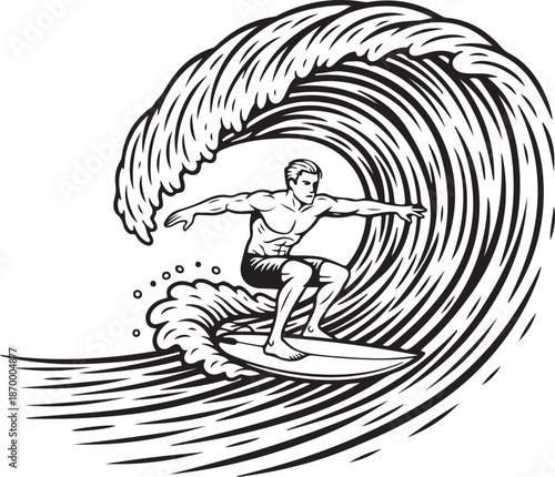 Dynamic black and white illustration of a surfer expertly riding a powerful ocean wave