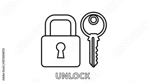 A simple line drawing depicts a padlock and key alongside the word unlock