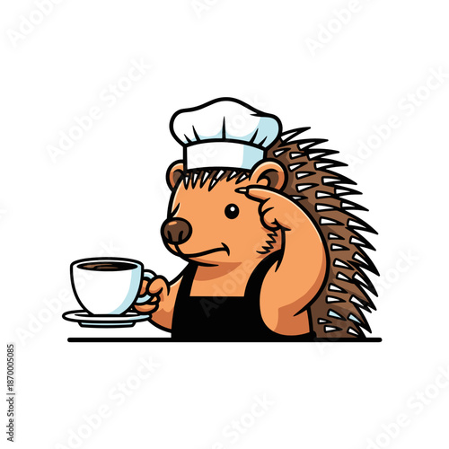 Cute cartoon hedgehog barista with coffee cup in chef hat – fun animal character for café and food illustrations