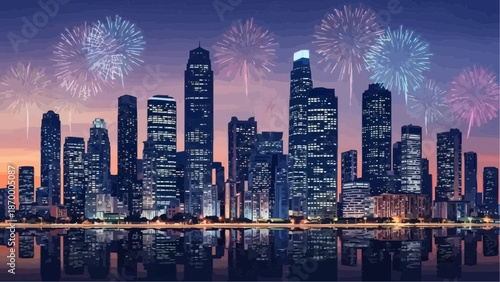 Vibrant city skyline celebrating with stunning fireworks display at dusk