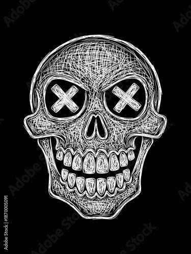 Sketch style skull with X eyes on black background – grunge horror design for edgy illustrations
