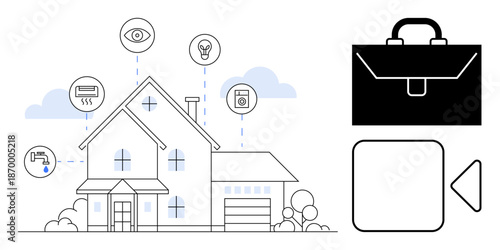 Smart home, technology, automation, security, energy efficiency, system integration. A house connected to devices with icons showing functionality. Smart home and technology concepts illustrated