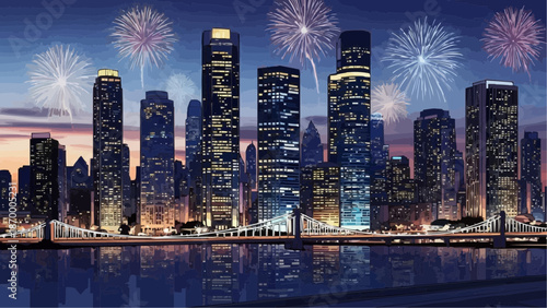 Vibrant city skyline celebrates with stunning fireworks display at dusk