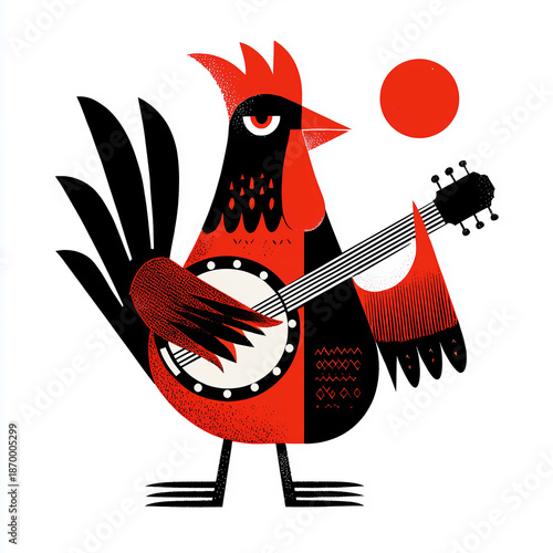 Stylized Red and Black Rooster Playing Banjo Folk Art Illustration