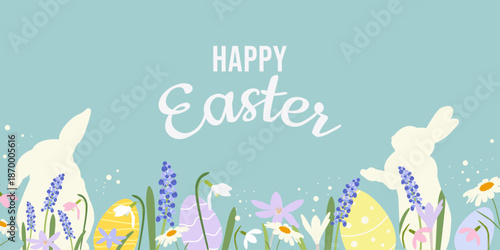 Cute colorful Easter greeting vector with rabbits, decorated eggs and spring flowers on pastel background. Perfect for holiday cards, posters, banners, social media and festive designs.