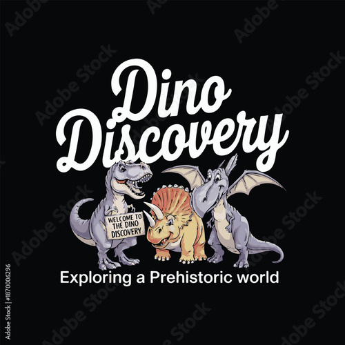 Dino Discovery Text with Cartoon Dinosaurs Exploring Prehistoric World
