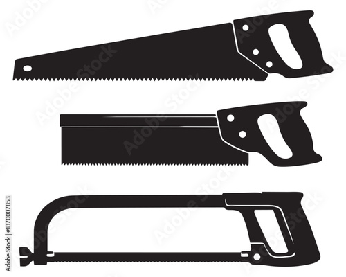 Silhouette saw tools set featuring a hand saw, tenon saw, and hacksaw for carpentry and repair