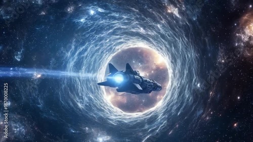 The spaceship travels rapidly through a glowing blue cosmic wormhole entrance.