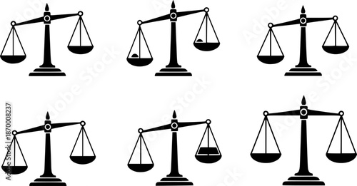 simple classic uneven unbalanced balanced balance justice scales silhouette vector set on transparent background