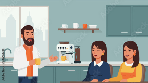 Vector illustration of a man with coffee machine and two women having a conversation in kitchen