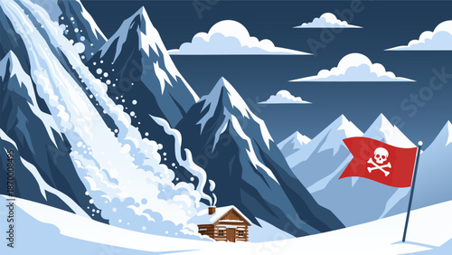 A Perilous Avalanche Vector Illustration Shows a Remote Cabin in a Snowy Mountain Landscape with a Danger Flag