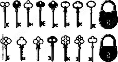 Set of black silhouettes of door keys. Key icon set.Vintage key antique door key isolated on white background. Keys and padlock silhouette. Vector illustration. 