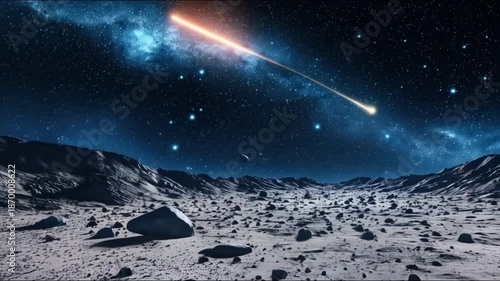 Fiery meteor streaks across dark alien landscape under starry night sky
