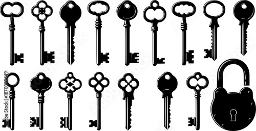 Set of black silhouettes of door keys. Key icon set.Vintage key antique door key isolated on white background. Keys and padlock silhouette. Vector illustration. 