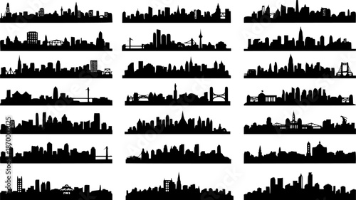 City silhouette vector set. Panorama city background. Skyline urban border collection.