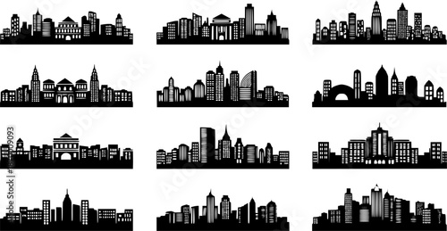 City silhouette vector set. Panorama city background. Skyline urban border collection.