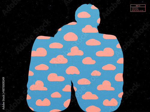 Sitting lovers patterned silhouette. Cartoon clouds on blue background