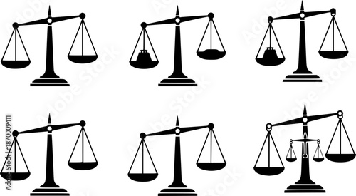 simple classic uneven unbalanced balanced balance justice scales silhouette vector set on transparent background