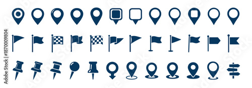 Map and location icon set with pins arrows flags and navigation symbols vector illustration isolated on transparent background