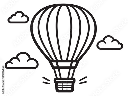 Simple line art illustration of a hot air balloon depicting flying among clouds for travel and adventure concepts