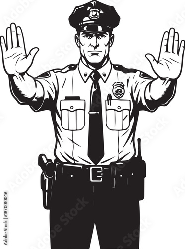 Police officer in uniform with hands raised, gesturing to stop or halt traffic and maintain order