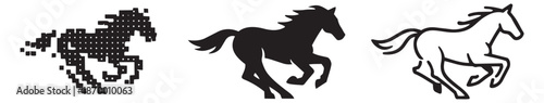Stylized horse set featuring pixel, silhouette, and line art running horses for design projects