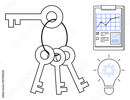 Business strategy, innovation, problem-solving, entrepreneurship, market analysis, success. Ring with keys, chart on clipboard and lightbulb with gear. Business strategy and innovation