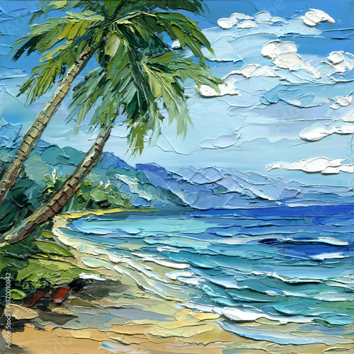 Fotografie Tropical beach landscape painting with palm trees blue ocean and distant mountai