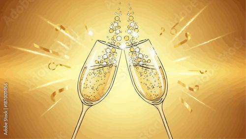 a golden illustration depicts two champagne glasses clinking together amid sparkling bubbles and confetti celebrating a joyous occasion high quality