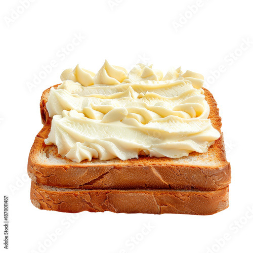 Stacked toasted bread sandwich with creamy cheese filling, realistic food composition isolated on transparent background.