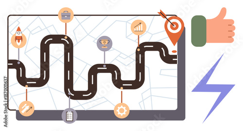 Project management, business strategy, goal setting, productivity planning, achievement tracking, innovation. Roadway with milestone icons on tablet screen. Business strategy and goal setting